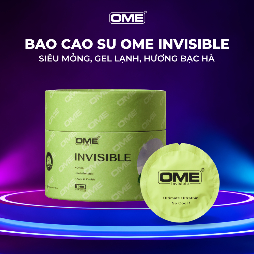 Bao cao su OME INVISIBLE siêu mỏng gel lạnh, hương bạc hà size 52mm siêu mỏng, 10 cái/ hộp