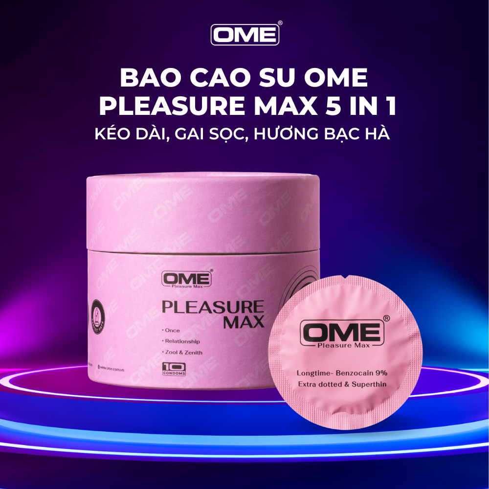 Bao cao su OME PLEASUREMAX 5 in 1 kéo dài, size 52mm gai sọc, hương bạc hà 10 cái/ hộp