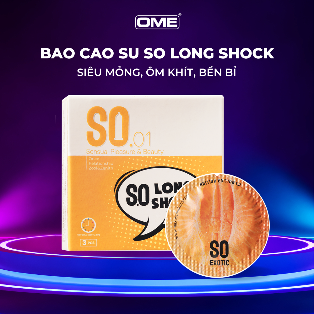 Bao cao su SO LONG SHOCK size 52mm siêu mỏng, kéo dài 9% hương nhân sâm 03 cái/ hộp